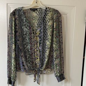 INC Green and Purple Patterned Blouse